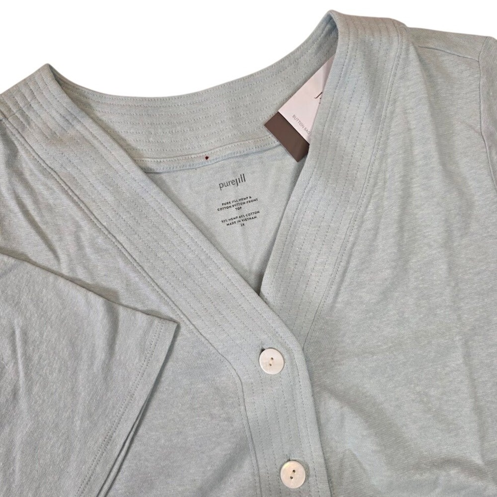J.Jill Women 2X Pastel Blue Hemp Cotton Button Front Short Sleeve Knit Shirt NWT